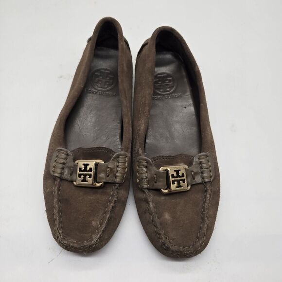 TORY BURCH KENDRICK Drivers Moccasin/Loafer brown Suede leather Gold Logo sz 5.5 - Picture 2 of 11